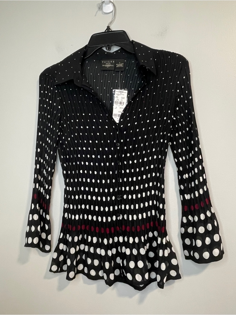 Tailor B. Moss Black Polka Dot Button-Front Top with White and Burgundy Accents